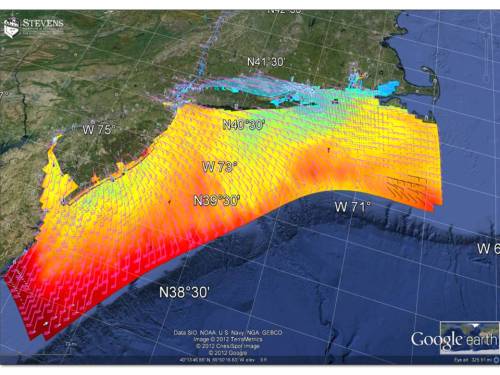 NYHOPS 3D model domain showing simulated SST, surface currents, and wind barbs. From the Google Earth viewer of the NYHOPS operational forecasts www.stevens.edu/NYHOPS